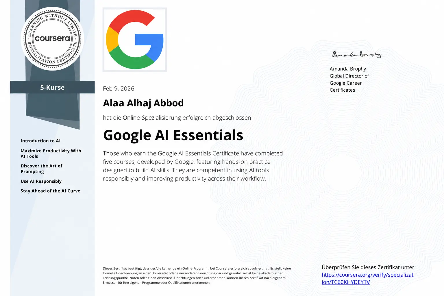 Google AI Essentials certificate — Alaa Abbod