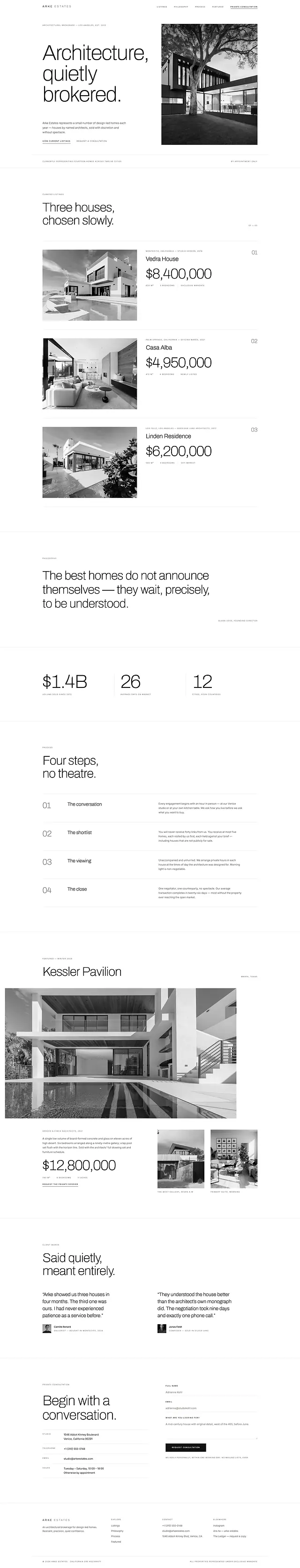 The full Arke Estates page from hero to footer