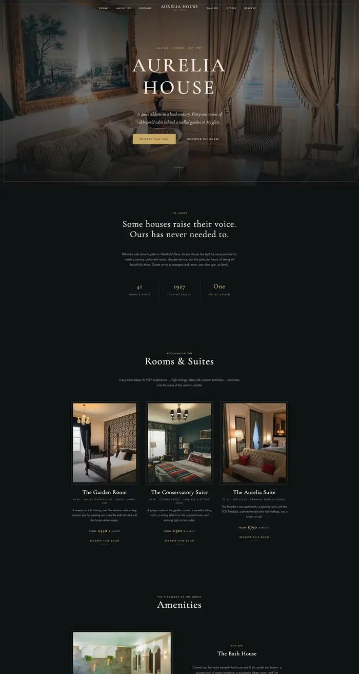 Aurelia House — the top of the live page