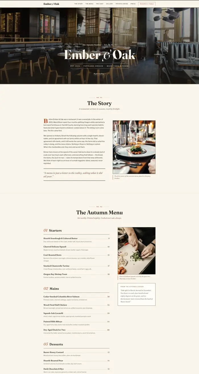 Ember & Oak — the top of the live page