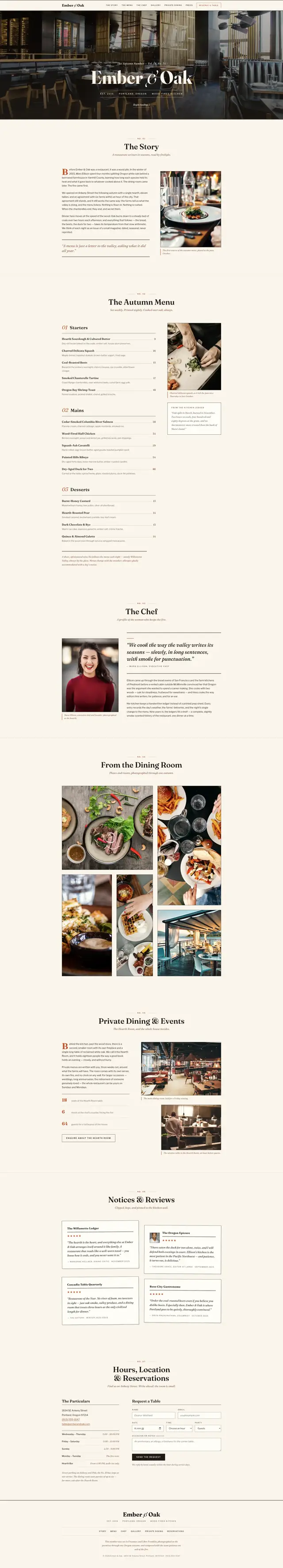 The full Ember and Oak page from masthead to footer