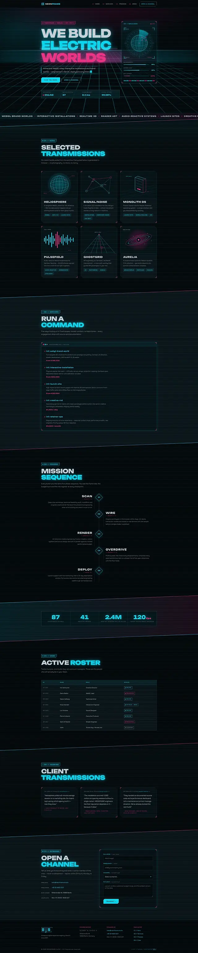 The full NEONFRAME page from hero to footer
