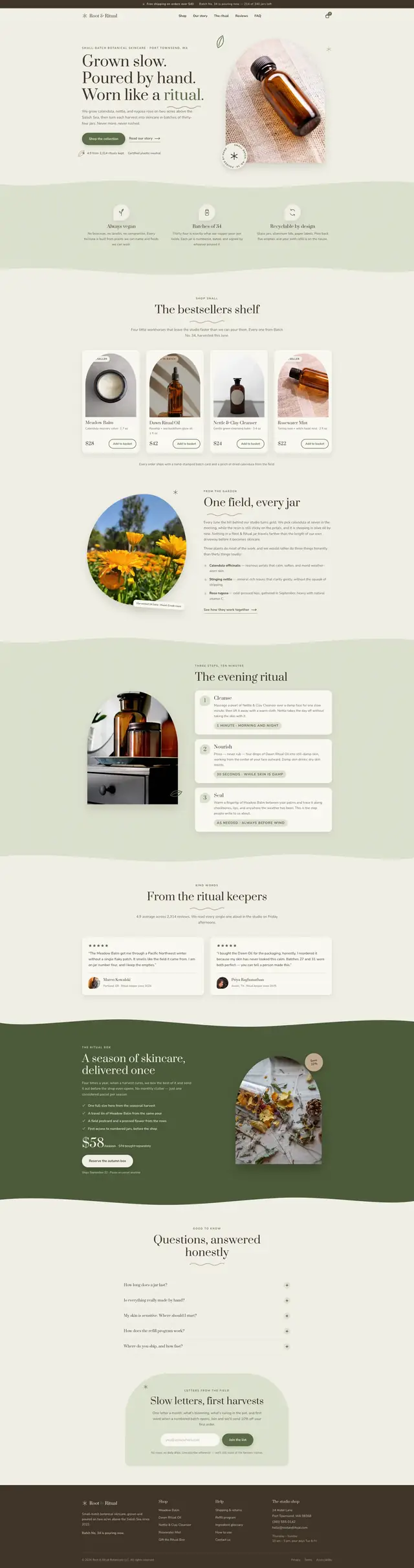 The full Root and Ritual page from hero to footer